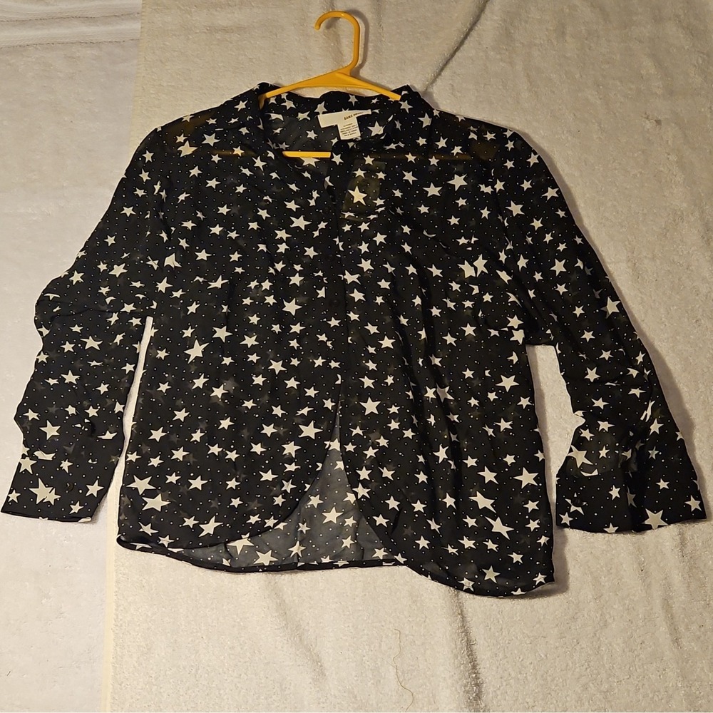 Sans Souci Black White Star‎ Print Sheer Chiffon Collared Button-Up Blouse S